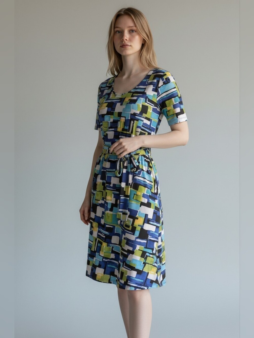 Kiara Geometric Wrap Dress in Blue, Green & White Nwot